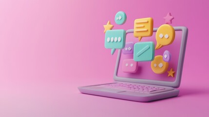 Canvas Print - A colorful laptop displaying chat bubbles and icons on a pink background, symbolizing communication.