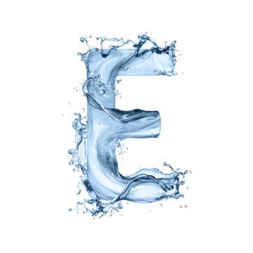 Uppercase letter E formed from dynamic splashing water isolated on white background. Alphabet element made of blue liquid water