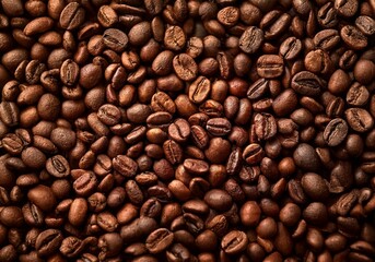 Poster - A close-up view of a heap of roasted coffee beans.