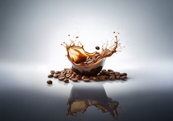 Poster - Coffee splashing out of a cup with coffee beans scattered around the base