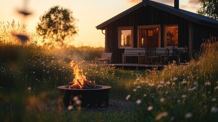 Poster - A cozy cabin at sunset with a fire pit surrounded by wildflowers.