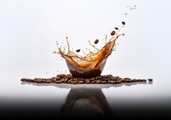 Poster - A splash of coffee in a bowl with beans scattered around the base.
