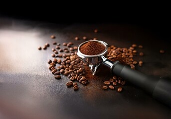 Poster - A stainless steel portafilter filled with coffee grounds is placed on a dark surface surrounded by coffee beans.