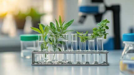 Wall Mural - Test tubes with various green plants in water, showcasing plant growth and experimentation.