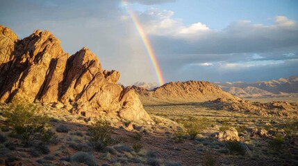 Sticker - A vibrant rainbow arcs over rocky terrain and desert vegetation under a cloudy sky.