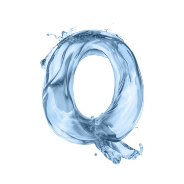 Uppercase letter Q formed from dynamic splashing water isolated on white background. Alphabet element made of blue liquid water