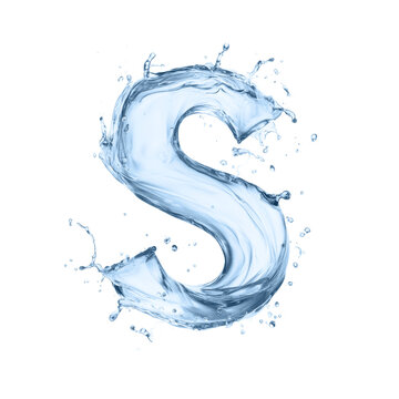 Uppercase letter S formed from dynamic splashing water isolated on white background. Alphabet element made of blue liquid water