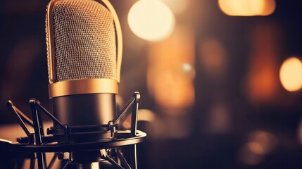 Canvas Print - A close-up of a vintage microphone with a blurred background, suggesting a recording setting.