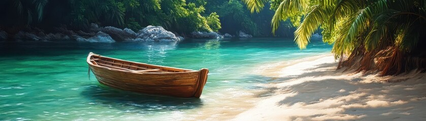 Wall Mural - Tranquil Tropical Beach with Wooden Boat and Lush Greenery in Crystal Clear Turquoise Waters Under Bright Sunlight