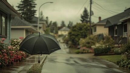 Wall Mural - A rainy street scene with an umbrella and blooming flowers, evoking tranquility and solitude.