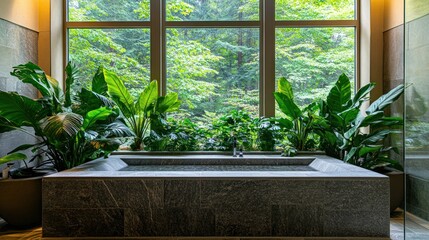 Canvas Print - A serene bathroom with a stone tub surrounded by lush greenery and large windows.