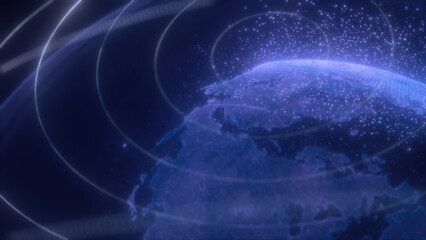 Poster - A digital representation of blue Earth with glowing lines encircling the planet, highlighting global connectivity and technology