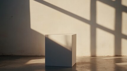 Canvas Print - A minimalistic white cube casting shadows in a softly lit space.