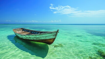 Wall Mural - Serene Wooden Boat Floating on Crystal Clear Turquoise Waters Under a Bright Blue Sky