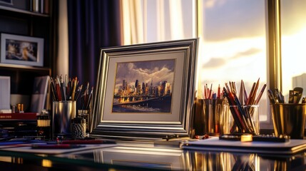 Wall Mural - A cozy workspace with art, stationery, and a cityscape painting.