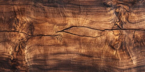 A close-up of dark brown wood grain with natural cracks.