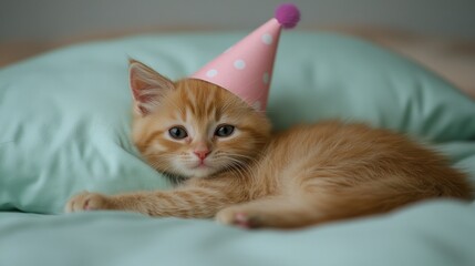 Canvas Print - A cute orange kitten wearing a party hat rests on a pillow, celebrating a special occasion.