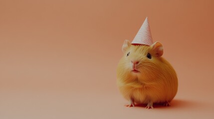 Poster - A cute yellow guinea pig wearing a party hat against a soft peach background.