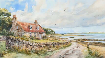 Wall Mural - Watercolor painting of a stone cottage on a cliff overlooking the sea.