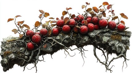 Sticker - A textured log adorned with red berries and small leaves.