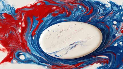 Sticker - Abstract artwork featuring swirling red and blue paint with a central white shape.