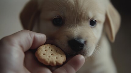 Sticker - A puppy eagerly gazes at a cookie held by a person, showcasing a moment of interaction.