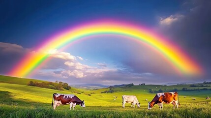 Canvas Print - A vibrant rainbow arches over a lush green field with grazing cows under a picturesque sky.