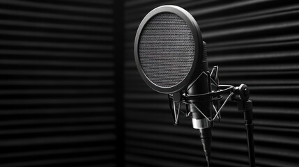 Poster - A close-up of a microphone in a soundproof studio setting, designed for recording.