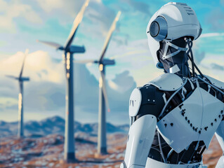 A futuristic robot gazes at wind turbines in a renewable energy landscape during sunset