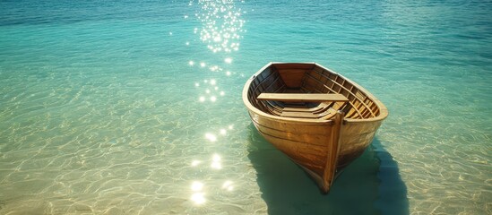 Wall Mural - Tranquil Wooden Rowboat Floating on Crystal Clear Turquoise Sea Under Sparkling Sunlight