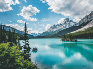 Serene turquoise lake surrounded by mountains and lush greenery under a vibrant sky in the Canadian wilderness