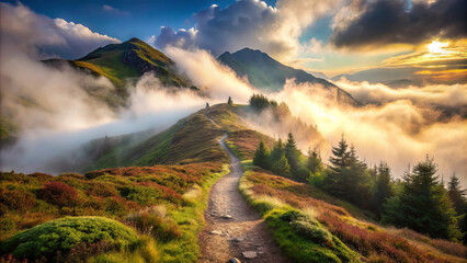 Wall Mural - winding trail leads through lush greenery and misty mountains, creating serene and mysterious atmosphere. fog envelops landscape, enhancing beauty of nature