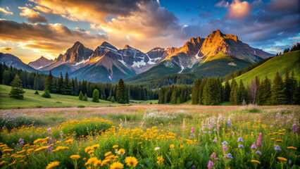 Wall Mural - stunning landscape featuring wildflower filled meadows beneath towering mountain peaks in Colorado Rockies, showcasing vibrant colors and serene atmosphere