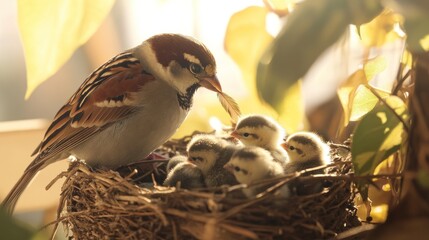 Canvas Print - A bird feeding its chicks in a cozy nest surrounded by greenery.