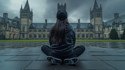 Poster - A person sits contemplatively in front of a grand, historic building under a moody sky.