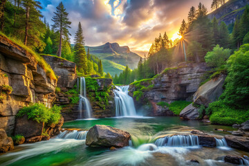 Wall Mural - Breathtaking waterfalls cascade down rugged rocks, surrounded by lush emerald foliage and towering trees, illuminated by warm glow of setting sun