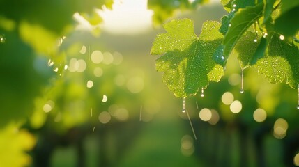 Poster - Dew-kissed grape leaves glisten in a vineyard at sunrise, creating a serene atmosphere.