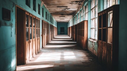 Sticker - Abandoned corridor with sunlight streaming through windows, showcasing decay and neglect.