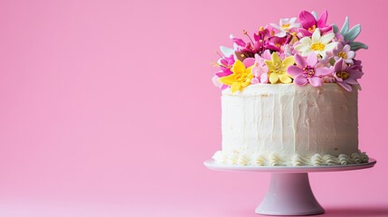 Poster - A beautifully decorated cake topped with colorful flowers against a pink background.