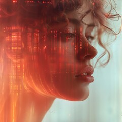 Sticker - Glowing Woman Portrait: Digital Art and Futuristic Style