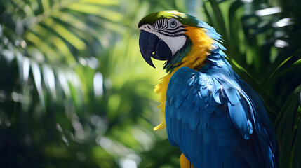 Wildlife photo of a Blue and yellow Macaw, colorful parrot with vibrant blue and gold feathers, exotic bird