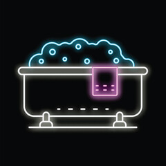 Poster - Bright neon icon of bathtub full of water with soap foam and towel hanging on it, isolated on black background