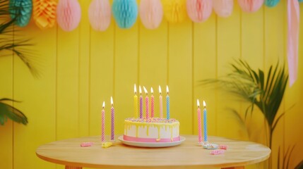 Wall Mural - A vibrant birthday scene featuring a decorated cake with candles on a festive table.