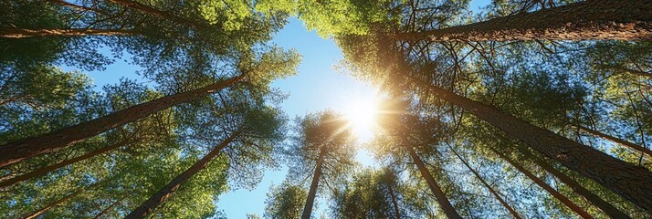 Wall Mural - A low angle view of a forest canopy with sunlight shining through the leaves.