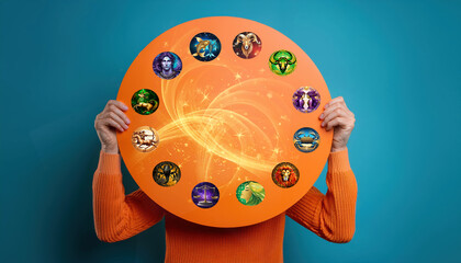 Wall Mural - Photo with illustration of zodiac signs on mockup hold by a woman, graphic astrology concept 