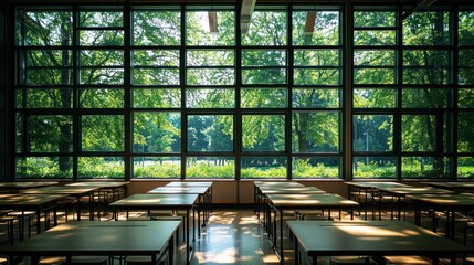 Wall Mural - A spacious classroom with tables facing large windows showcasing lush greenery outside.