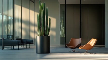 Wall Mural - Modern office space featuring a large cactus and stylish seating.