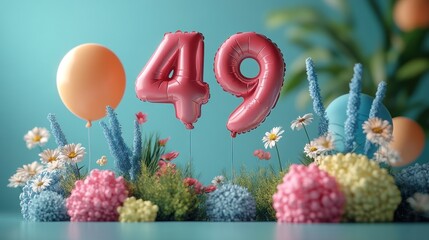 Poster - A festive display featuring the number 49 with balloons and flowers.