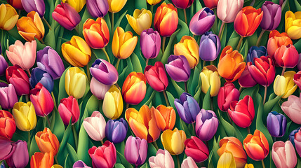 Wall Mural - Repeated pattern of colorful tulips in a seamless design, tulips, flowers, spring, petals, vibrant, garden, floral pattern, nature