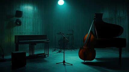 Sticker - A dimly lit music studio featuring a grand piano, double bass, and a drum set.